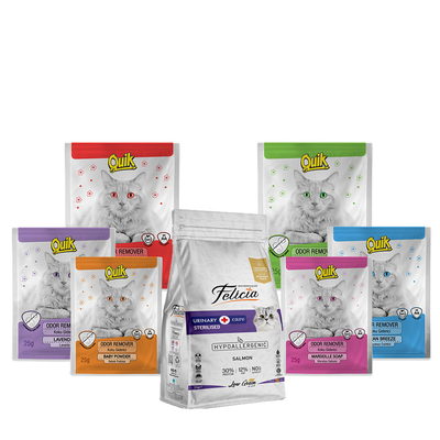 Quik - Quik Koku Giderici Seti+Felicia 2Kg Sterilised Somonlu - MART Quik - Quik Koku Giderici Seti+Felicia 2Kg Sterilised Somonlu - MART