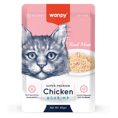 Wanpy - Wanpy 85 gr Pouch Tavuklu & Karidesli Yaş Kedi Maması 12 Adet