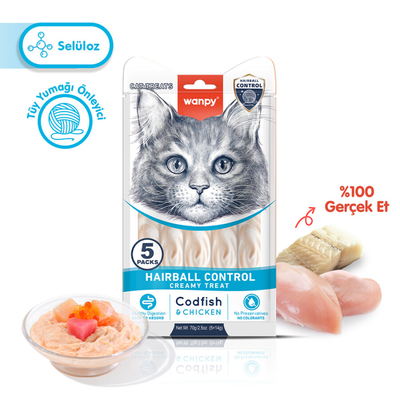 Wanpy - Wanpy Hairball Control Morina balığı&Tavuk 12'li-F.Krema Ödül 5x14gr