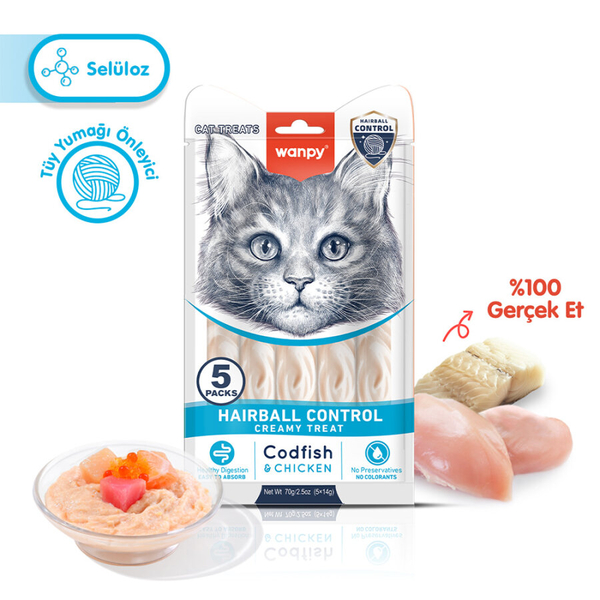 Wanpy Hairball Control Morina balığı&Tavuk 12'li-F.Krema Ödül 5x14gr