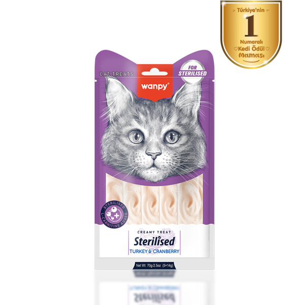 Wanpy Hindi & Kızılcıklı 12’li – Kısırlaştırılmış Kedi Krema Ödülü 5×14 g