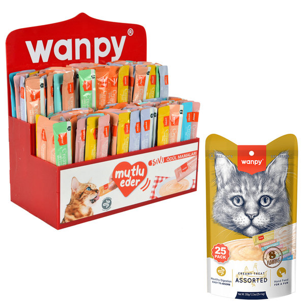 Wanpy Mix Kedi Krema Ödülü 24 Paket (600 Adet)+Stand Hediyeli. Wanpy Mix Kedi Krema Ödülü 24 Paket (600 Adet)+Stand Hediyeli.