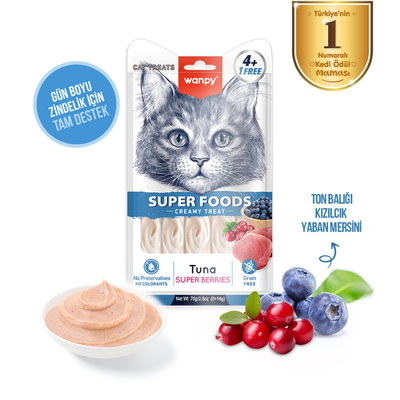 Wanpy Superfood Ton Balıklı, Yaban Mersini & Kızılcıklı 12’li – Krema Kedi Ödülü 5×14 g - Thumbnail
