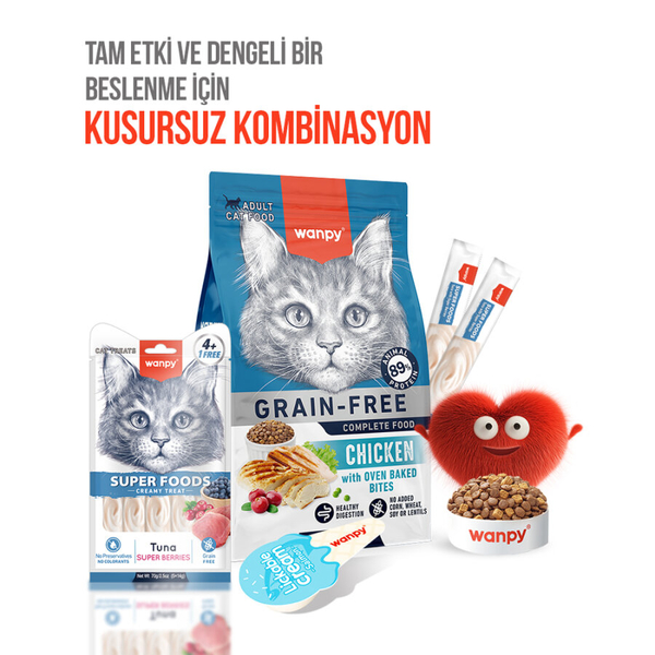 Wanpy Superfood Ton Balıklı, Yaban Mersini & Kızılcıklı 12’li – Krema Kedi Ödülü 5×14 g